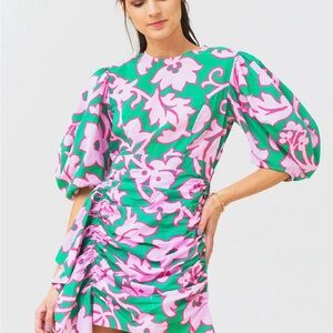 Floral Puff Sleeve Dress in Pink and Green